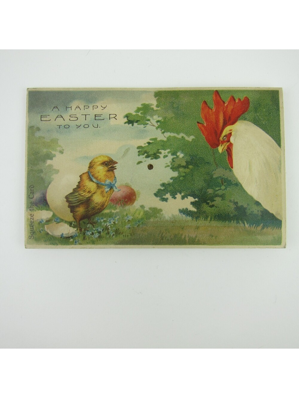 Easter Postcard Squeeze Sound Rooster & Chick Hatches Squeak Antique 1910s RARE